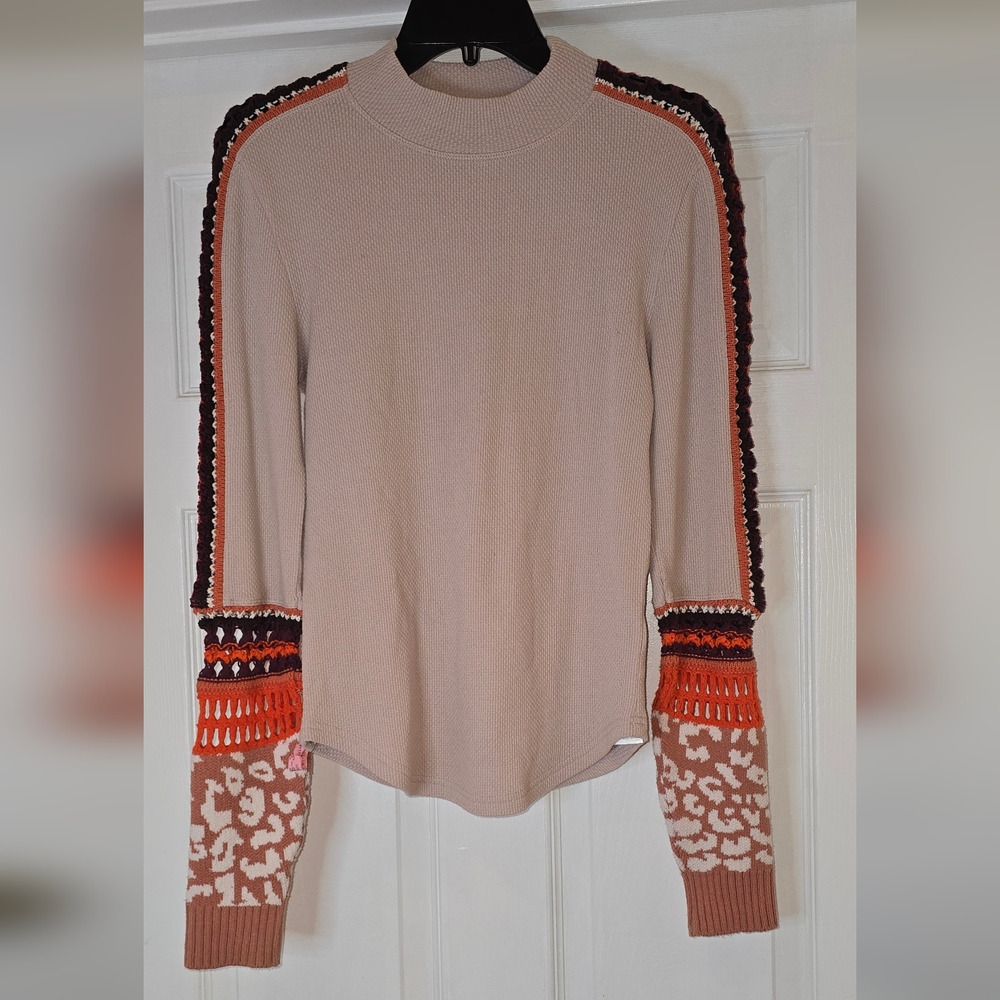 Free People Beige Top with Colorful Sleeves